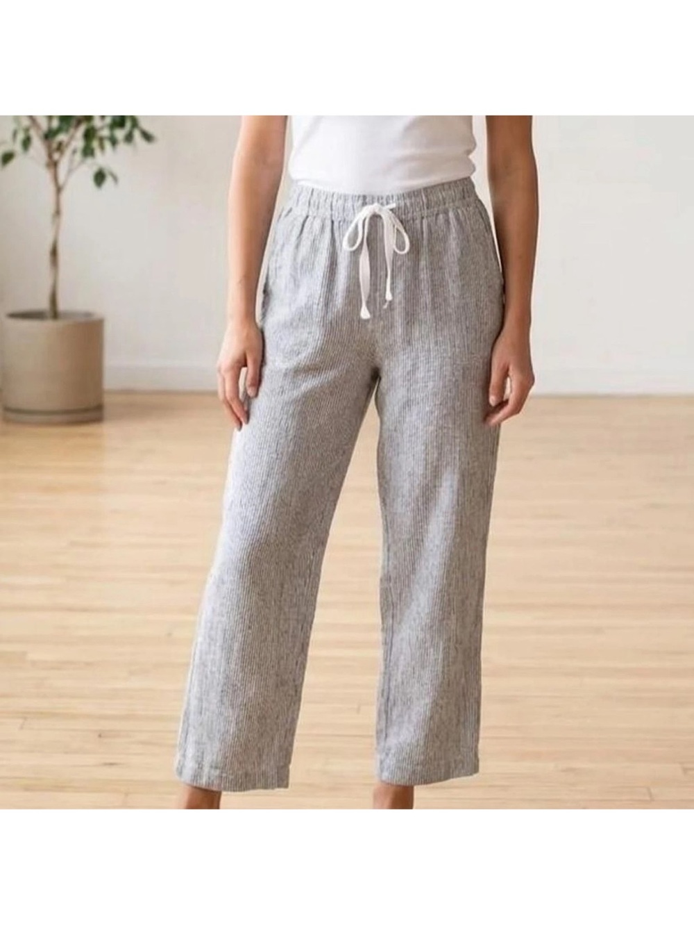 da-sh Blue Striped Drawstring Lounge Linen Blend Pants Size XL
